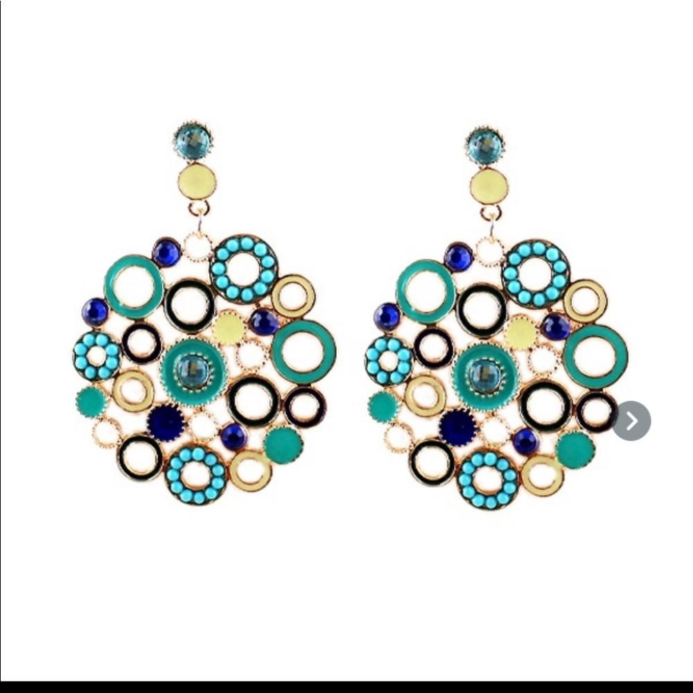 NWOT Gold costume earrings with blue and green